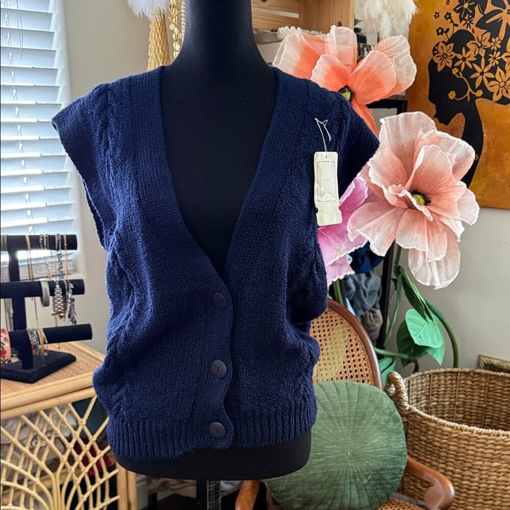 NWT Vintage 90s Essex Junction Navy Blue Cable Knit Button Up Sweater Vest